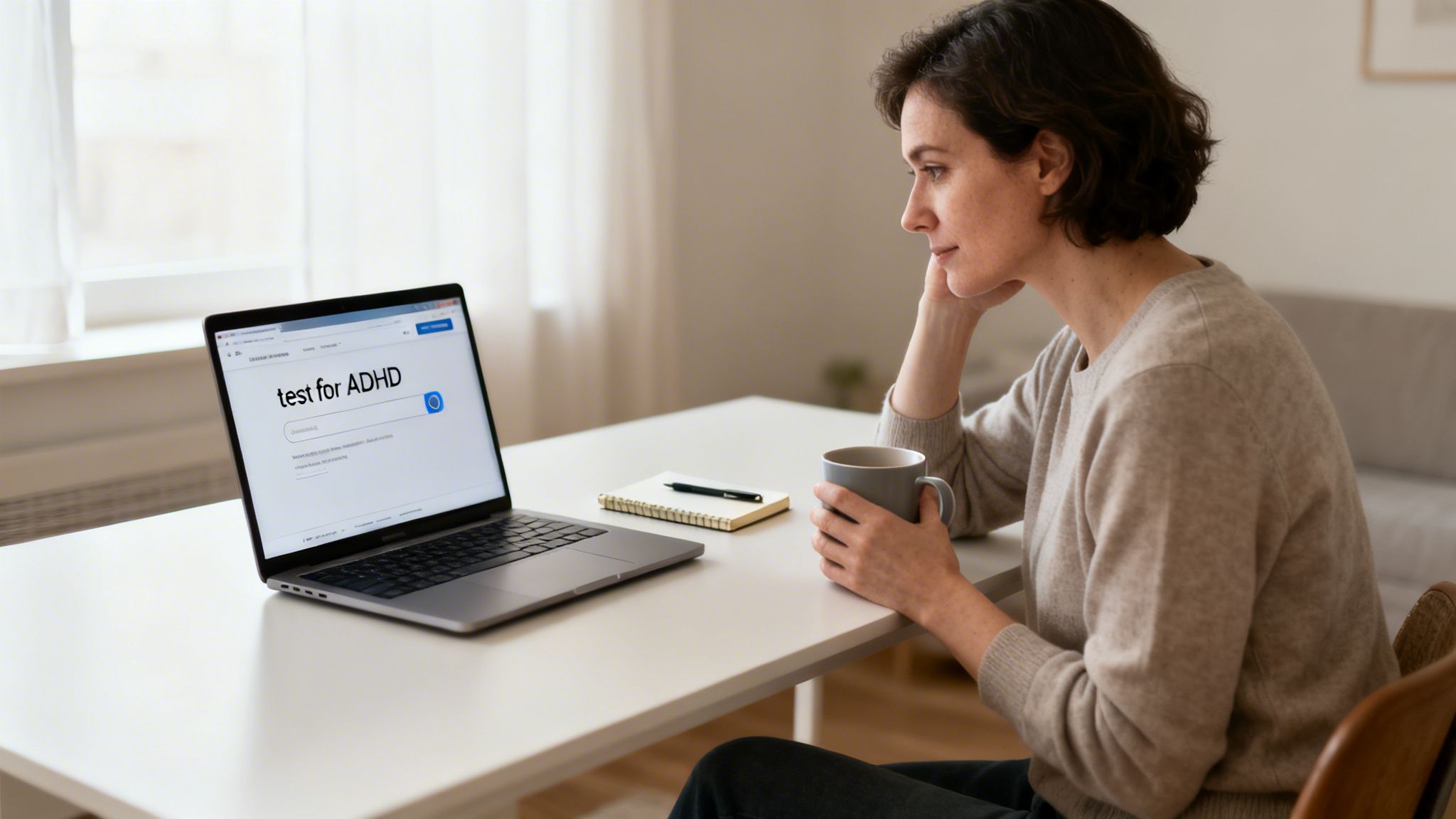 A thoughtful woman researches 'test for ADHD' on her laptop, holding a mug.
