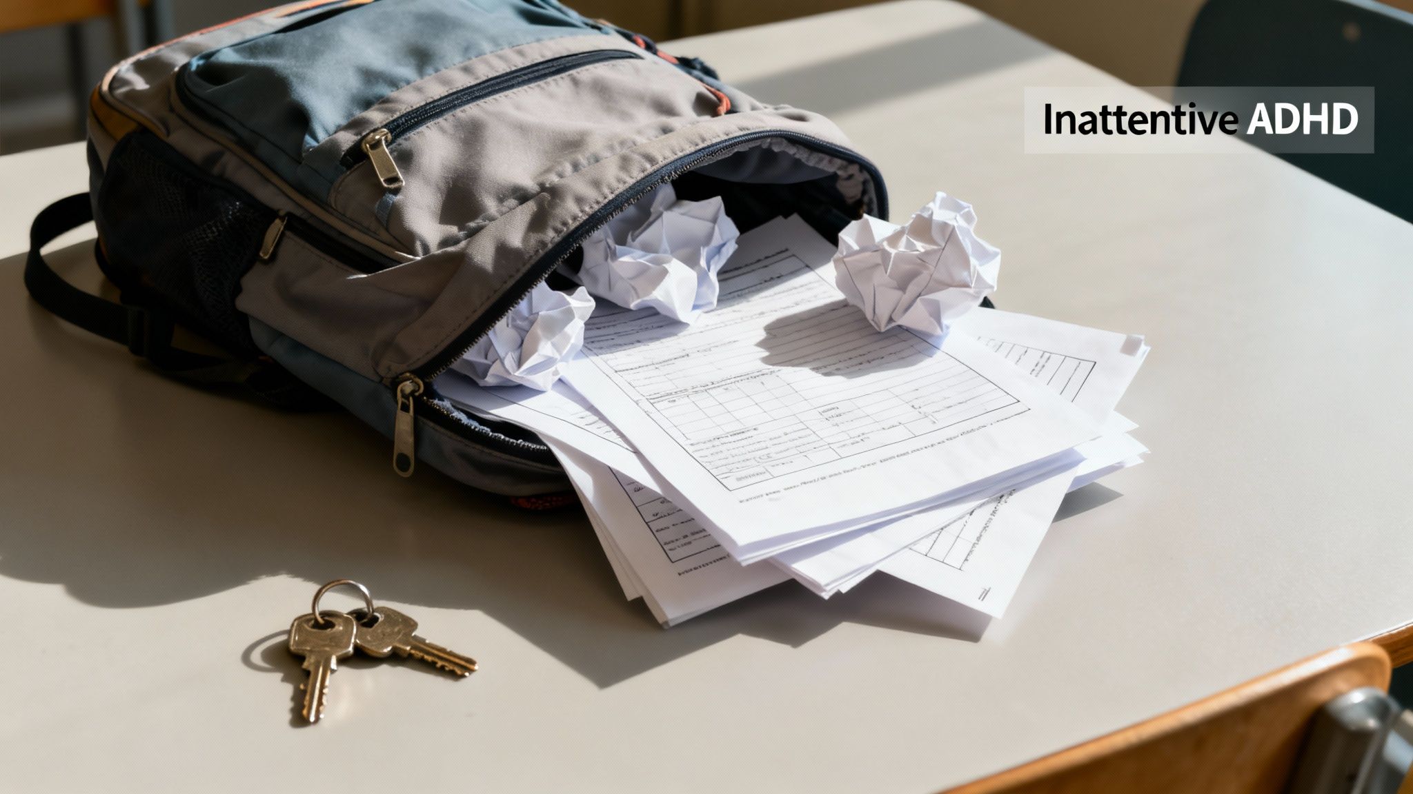 A disorganized backpack spilling papers and crumpled notes on a desk, with keys, depicting Inattentive ADHD.