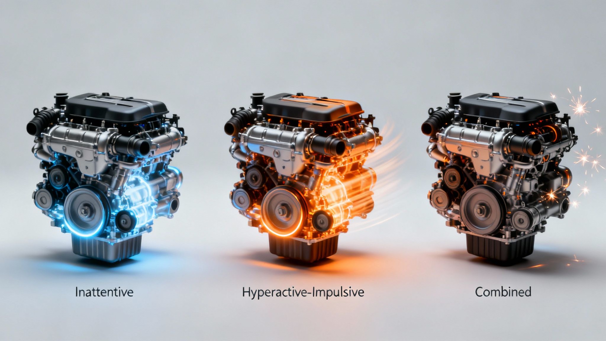 Three car engines glowing blue, orange, and sparkling, representing Inattentive, Hyperactive-Impulsive, and Combined ADHD types.