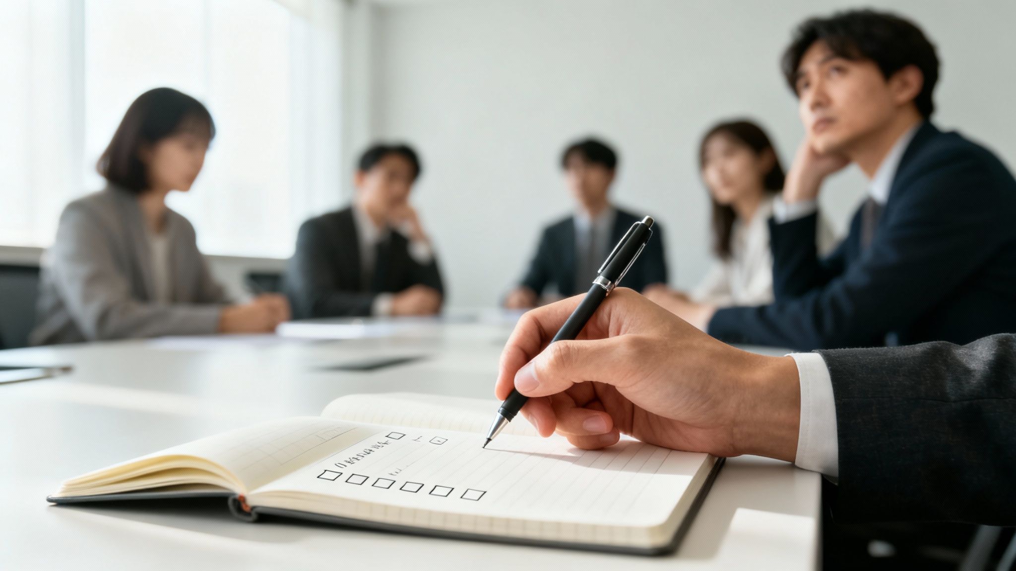 A hand writes notes in a checklist notebook during a business meeting with colleagues.