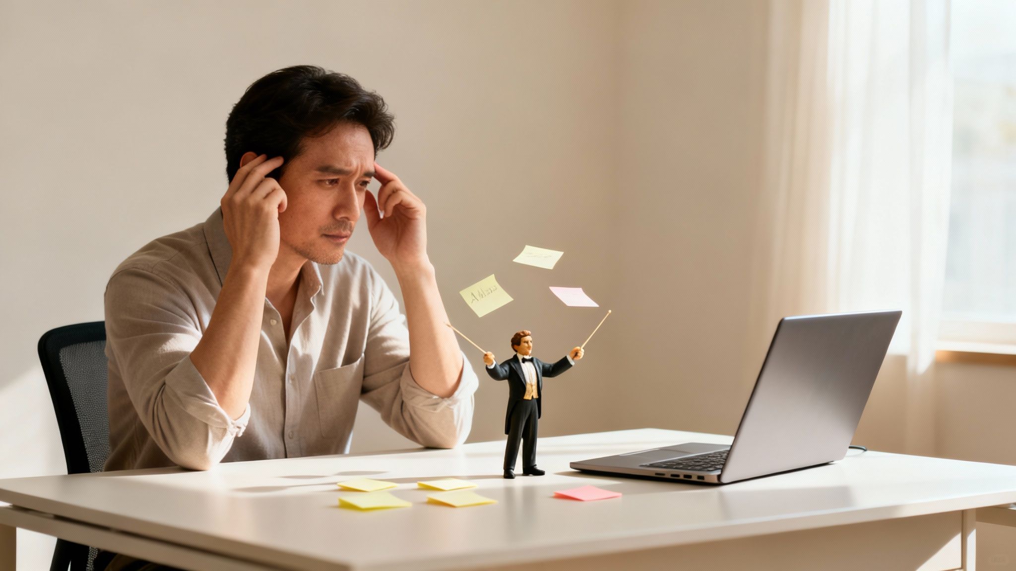 A man with a pensive expression holds his head while a conductor figurine directs floating sticky notes on his desk, depicting an ADHD metaphor.