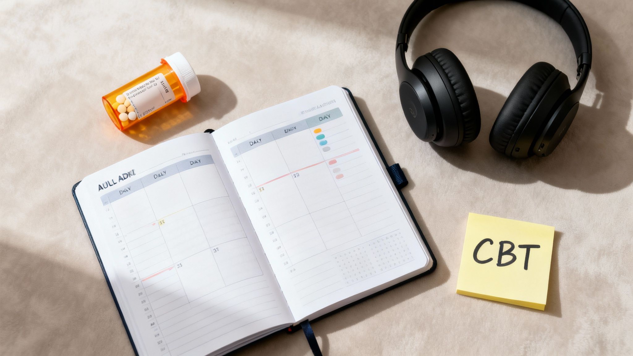 A flat lay shows a pill bottle, open planner, black headphones, and a 'CBT' sticky note on a light surface.
