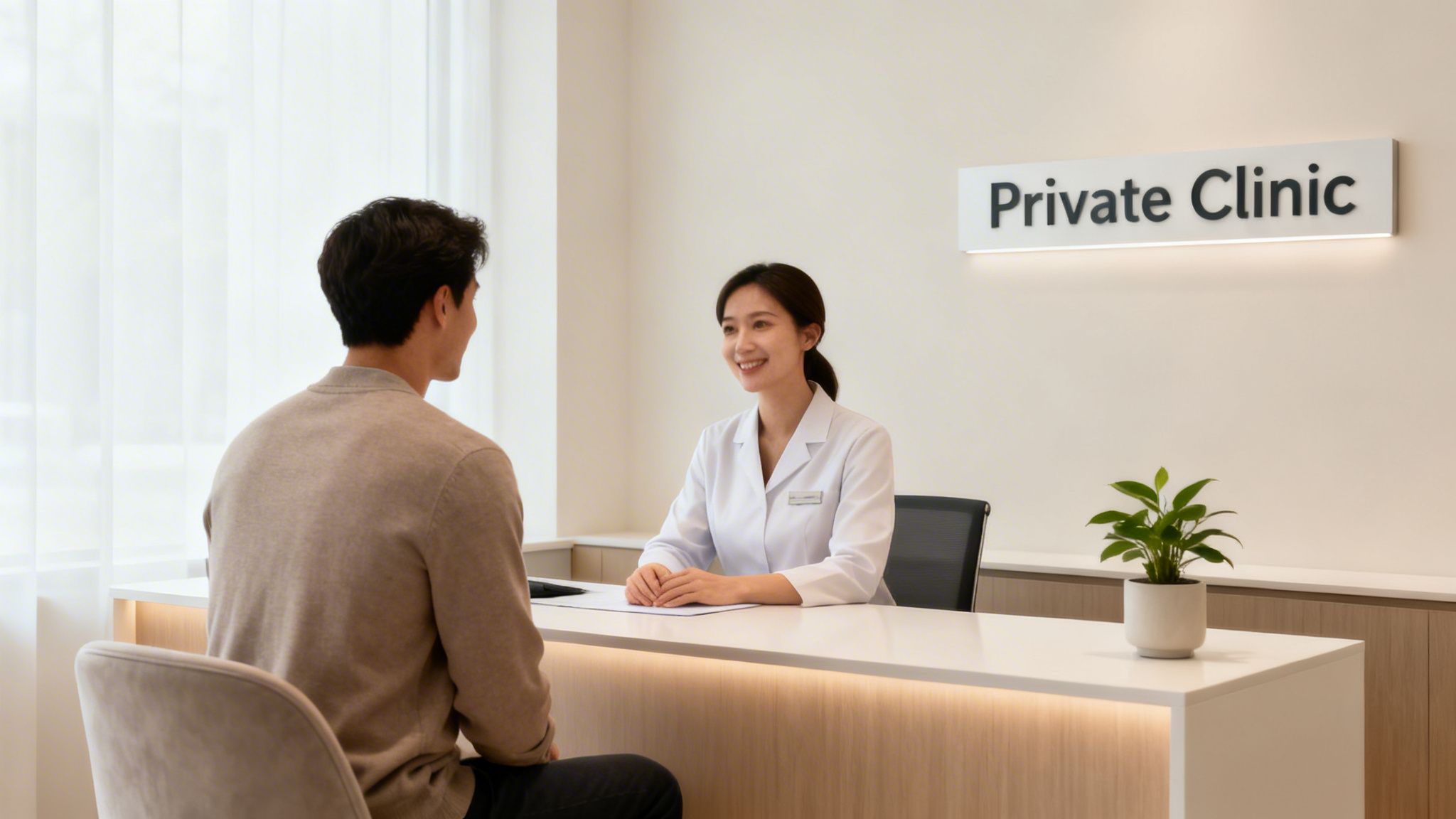 A smiling female receptionist in a white coat assists a male patient at a private clinic reception desk.
